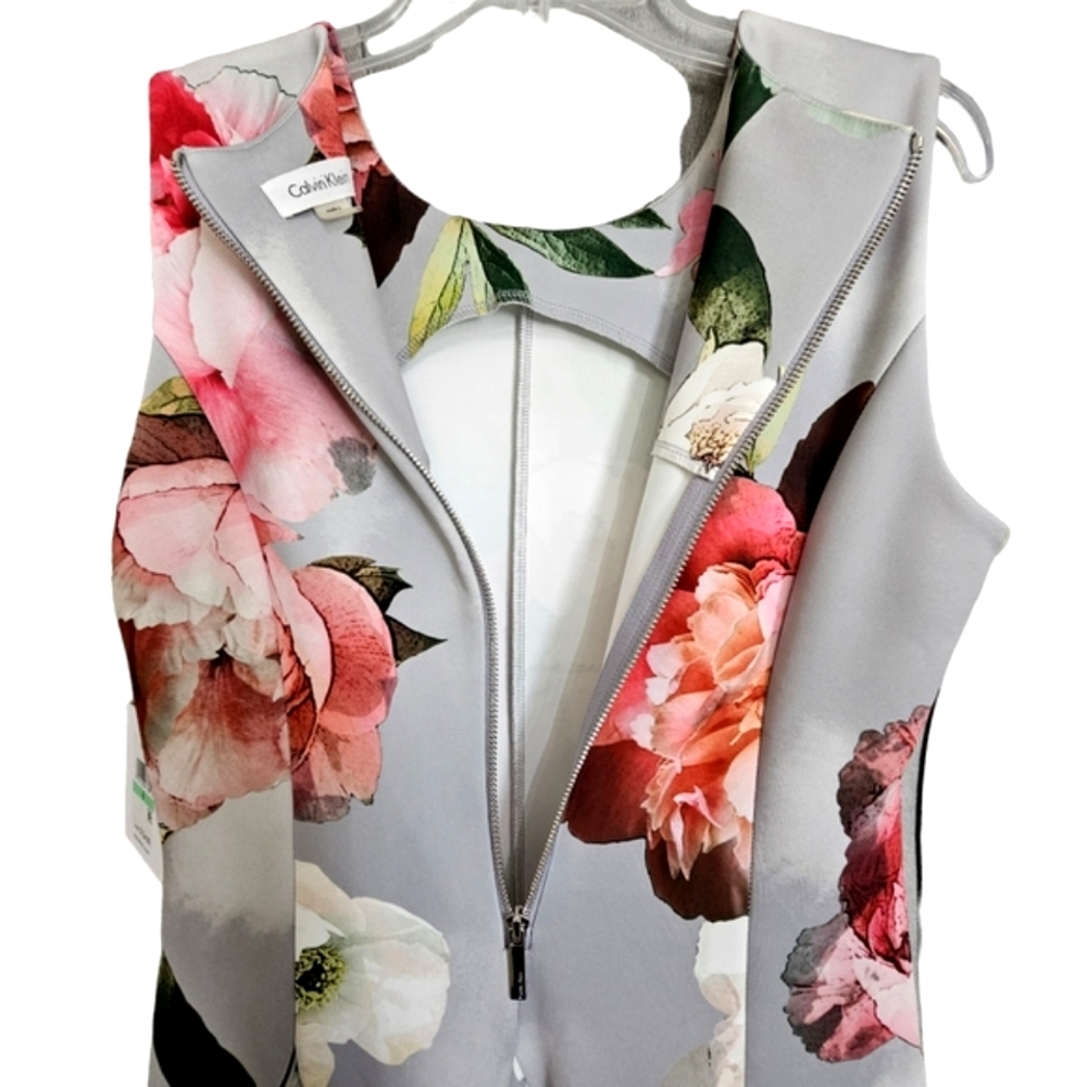 Nwt Calvin Klein Gray/Pink Abstract Floral Scuba  Sleeveless Fit& Flare Dress - Picture 12 of 17